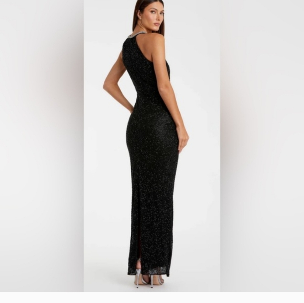 MAC DUGGAL 93742 Beaded Sleeveless High Neck Column Gown Black Halter 10 NEW